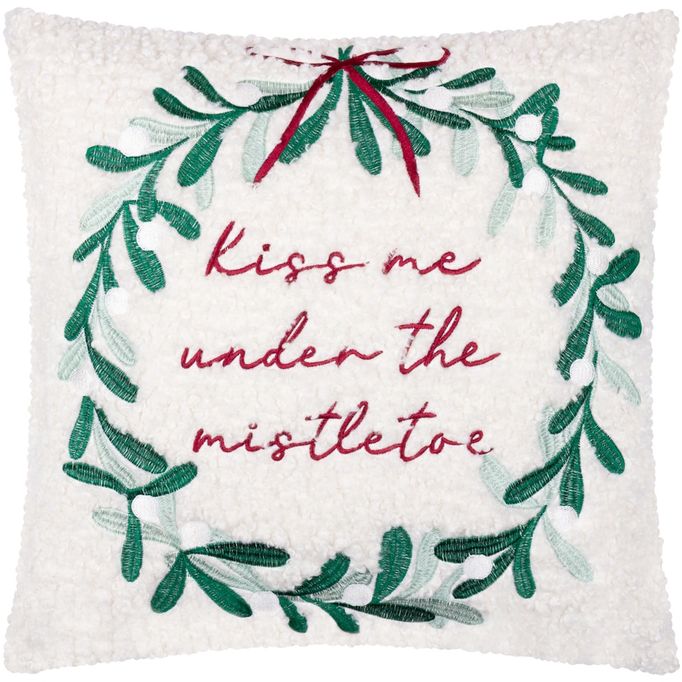 image 1 of Furn Mistletoe Wreath Embroidered Cushion | Multi | Multicolour