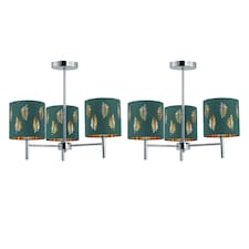 Set of 2 Brea - Chrome 3 Light Fittings with Dark Green Fern Shades Chrome | Green