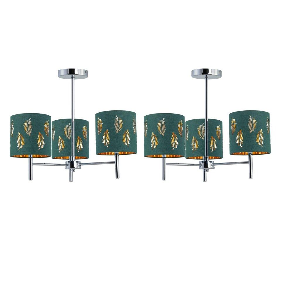 image 1 of Set of 2 Brea - Chrome 3 Light Fittings with Dark Green Fern Shades Chrome | Green