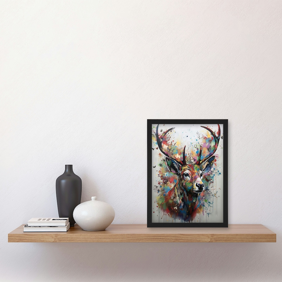 image 1 of Butterfly Stag Deer Abstract Soft Pastel Colours Black Framed Wall Art Print A4
