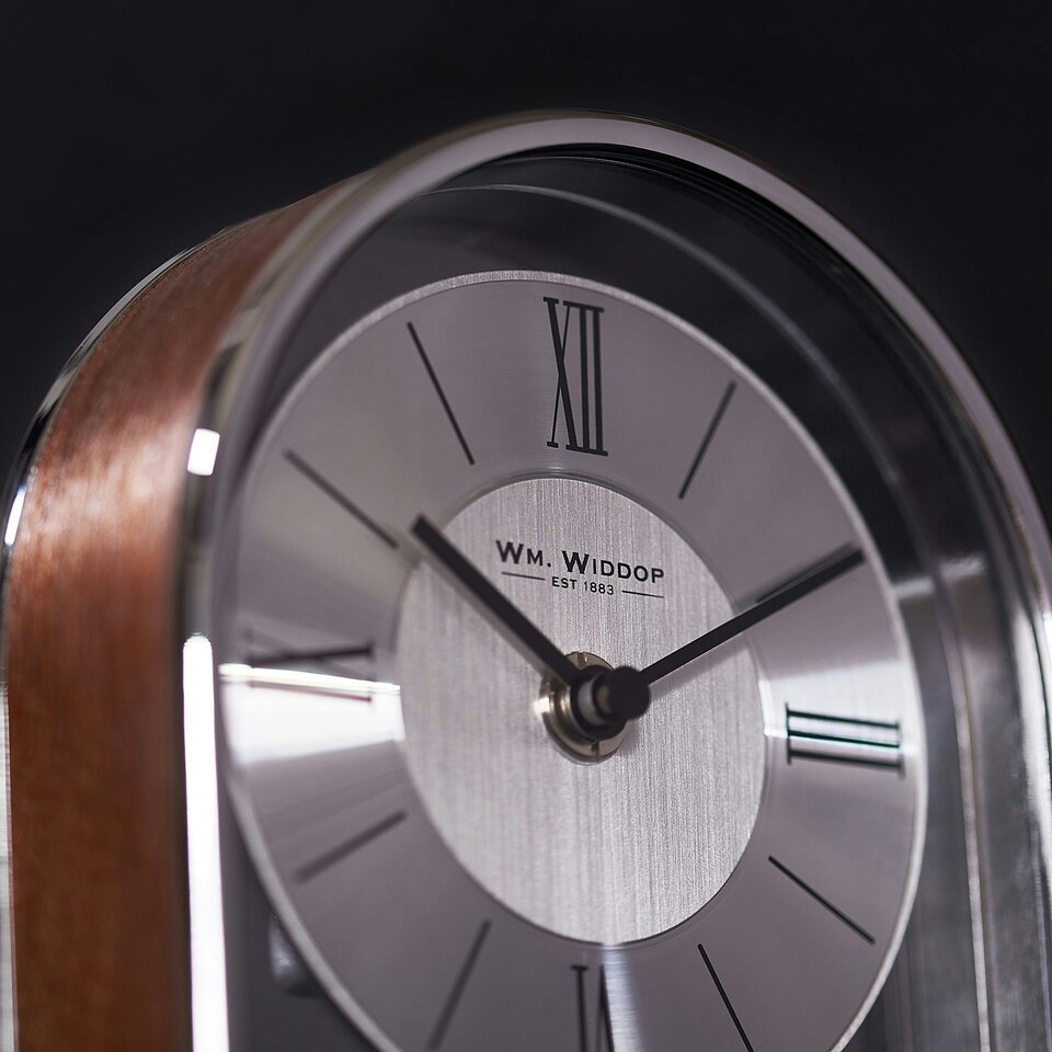 image 1 of Wm.Widdop Chrome & Wood Veneer Mantle Clock Chrome | Brown