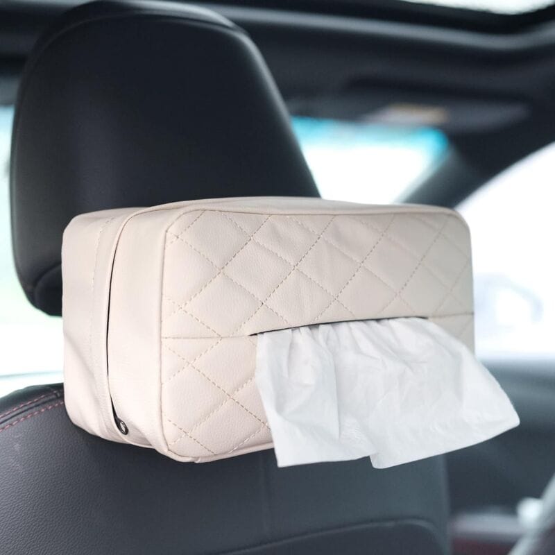 PU Leather Car Tissue Holder for Car Seat Headrest Hanging Tissue Box for Universal Car Beige