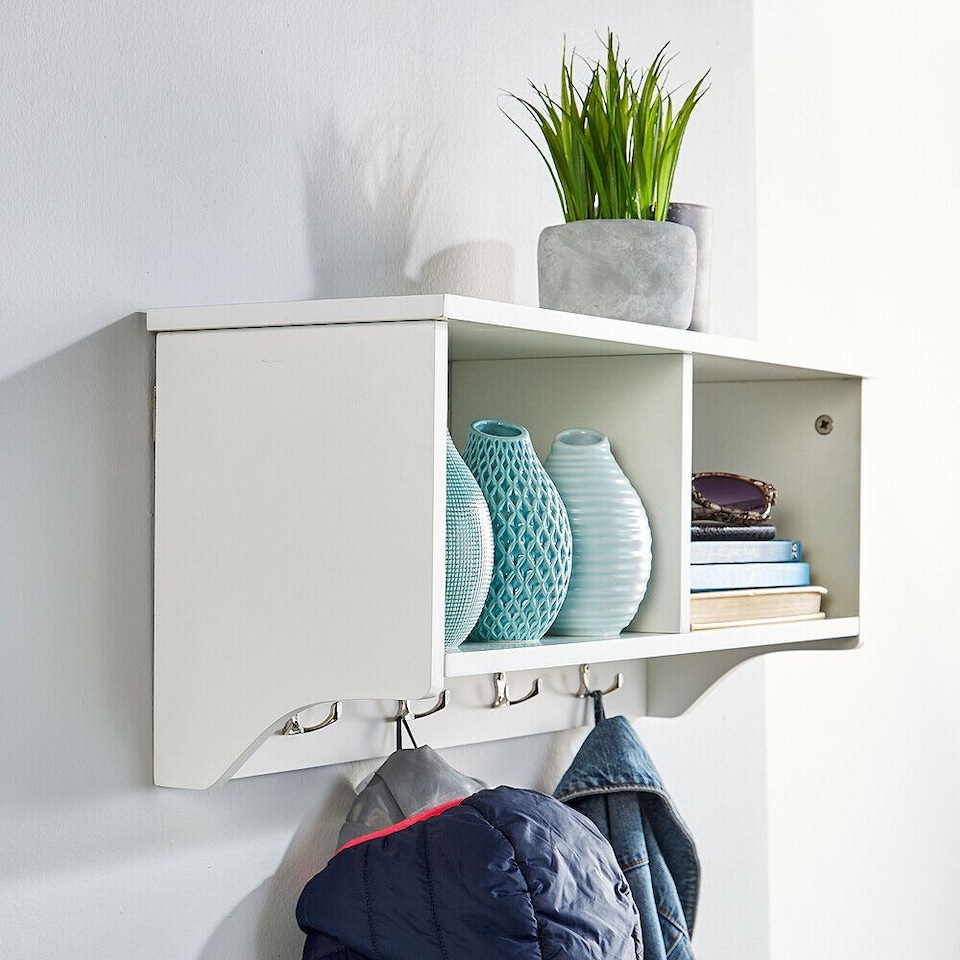 image 1 of Coat Hook Wall Mounted Unit 2 Open Shelves 4 Robe Hooks Bathroom Hallway | White