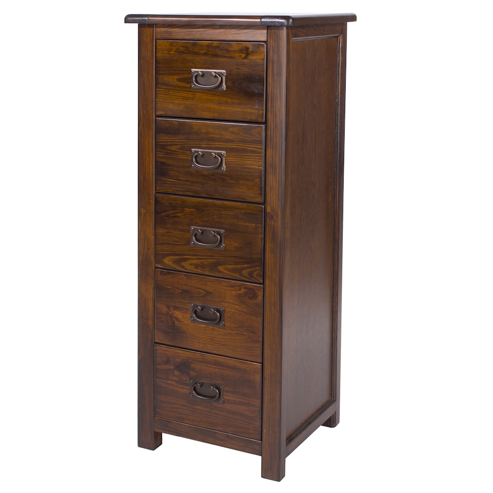 image 1 of Boston 5 Drawer Narrow Chest - Rich Dark Brown Lacquer Solid Wood Bedroom Storage with Brass Handles | Brown | Brown | 1