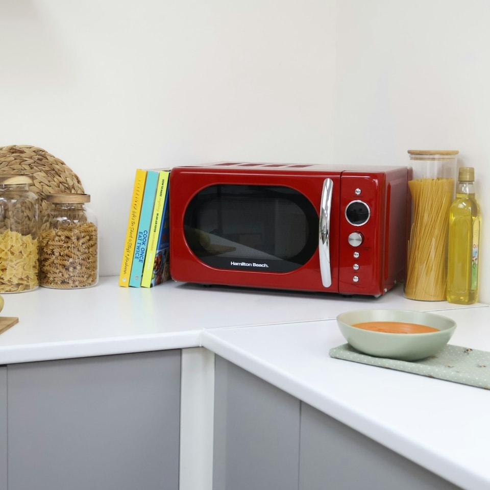 image 1 of Hamilton Beach Kettle, Toaster & Microwave Set, Ella, 1.7L Electric Kettle, Wide Slot Toaster 2 Slice, Microwave, 20L Retro, Kettle & Toaster Set, Red