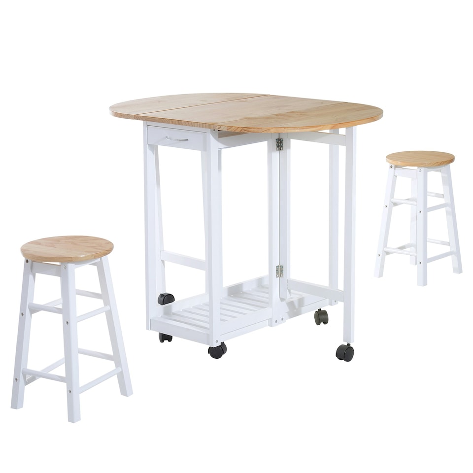 image 1 of HOMCOM 3pc Wooden Kitchen Cart Trollet Table Folding Stools Space-saving