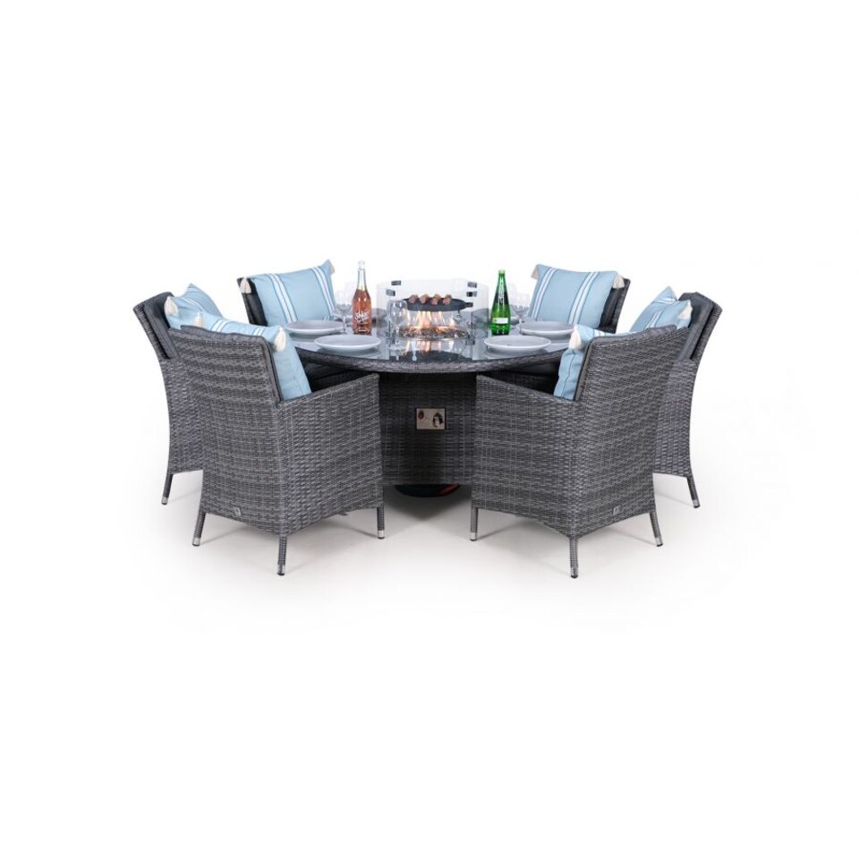 image 1 of Savannah Fire Pit 6 Seater Round Rattan Dining Set | Grey | Grey