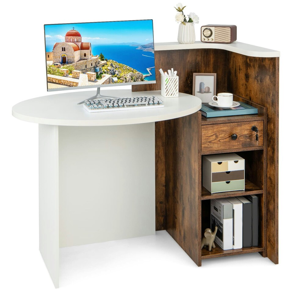 image 1 of COSTWAY Reception Desk with Lockable Drawer White White