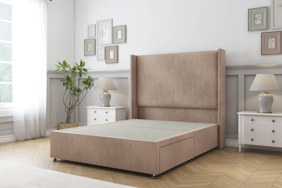 image 1 of Sloomy Devonshire Mink Naples Divan Bed Base No Drawers With 54 Inch Wingback Headboard | Brown | Mink | King | 1