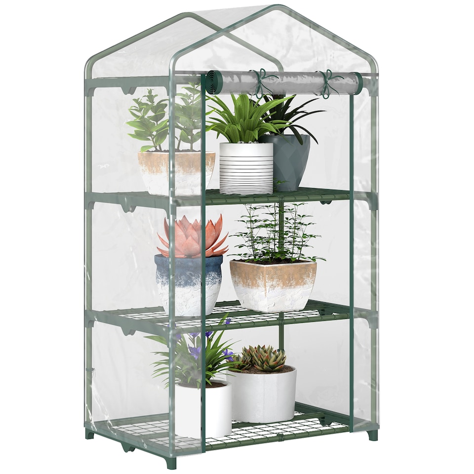 image 1 of Outsunny 3 Tier Mini Greenhouse Grow House w Roll Up Door, Clear
