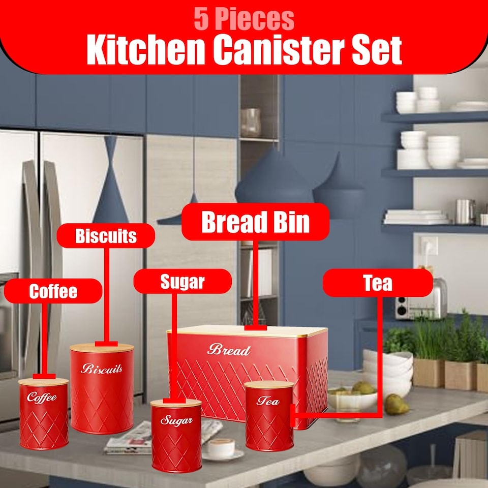 image 1 of 6Pcs Kitchen Storage Canister Jars with Can Opener Airtight Bamboo Lid Tea Coffee Sugar Bread Tins Set