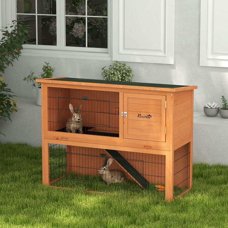 image 1 of PawHut Rabbit Hutch, Guinea Pig Hutch Outdoor Wooden w/Tray, Orange, 92Hcm