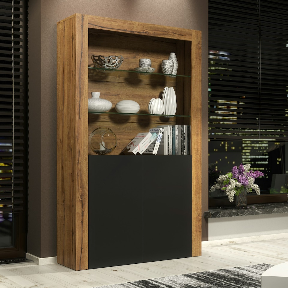 image 1 of Modern Display Cabinet with Glass Shelves | Living Room Storage Unit | Black High Gloss Cupboard Doors Multi | Oak & Black