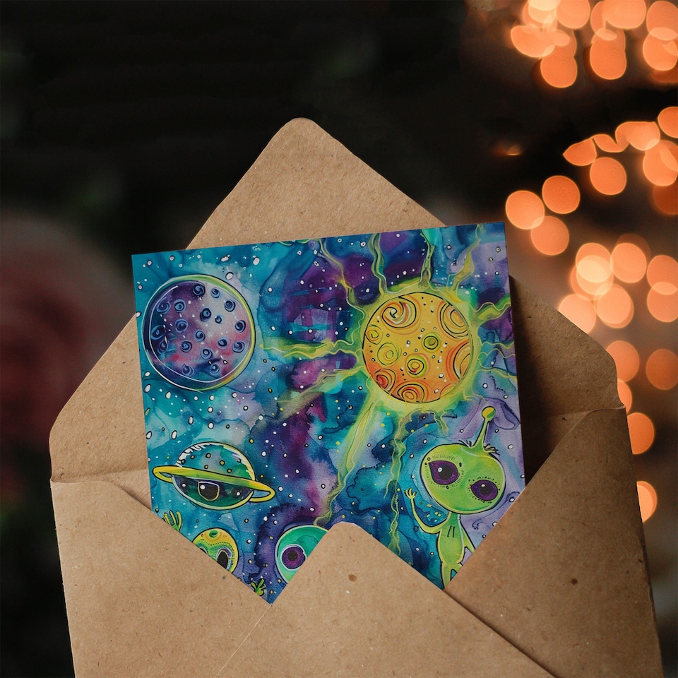 image 1 of Friendly Happy Space Aliens Planets Watercolour Birthday Card