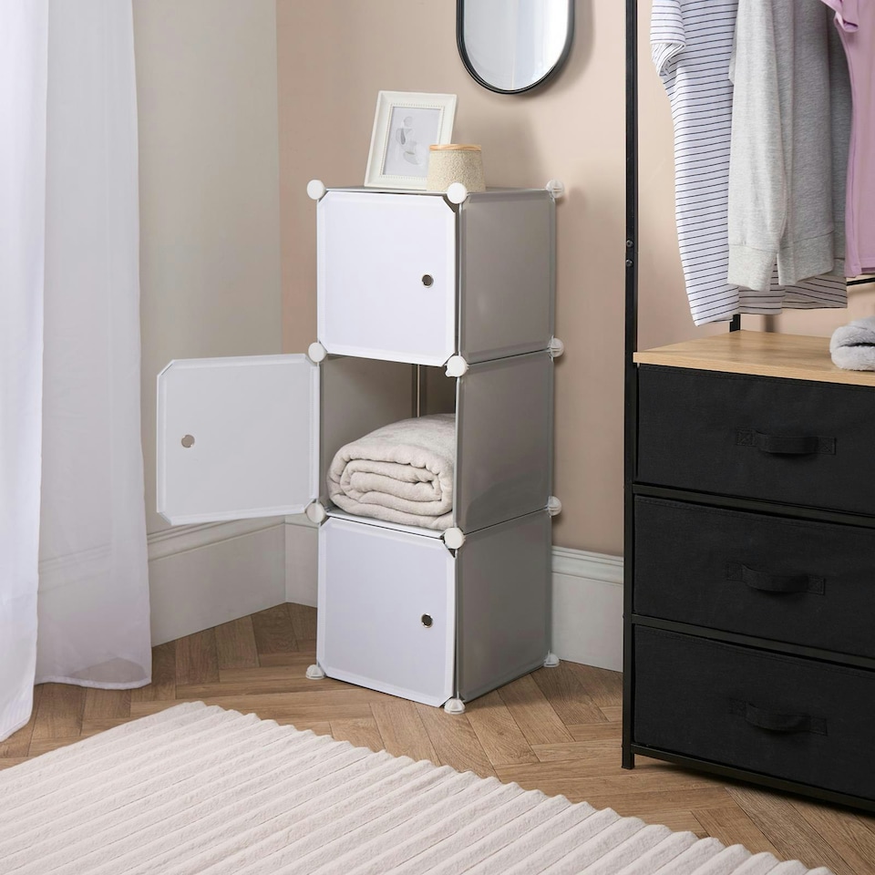image 1 of OHS Kids Cube Storage Tower Modern Space Saving Clothes Shoes Toys 3 Boxes Organiser Unit Grey