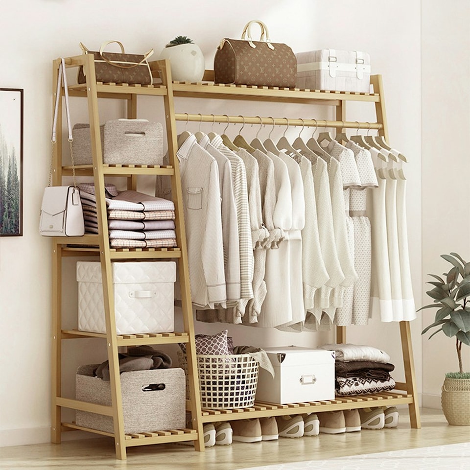 image 1 of Living and Home Bamboo Bedroom Garment Clothes Rack 110cm - Natural