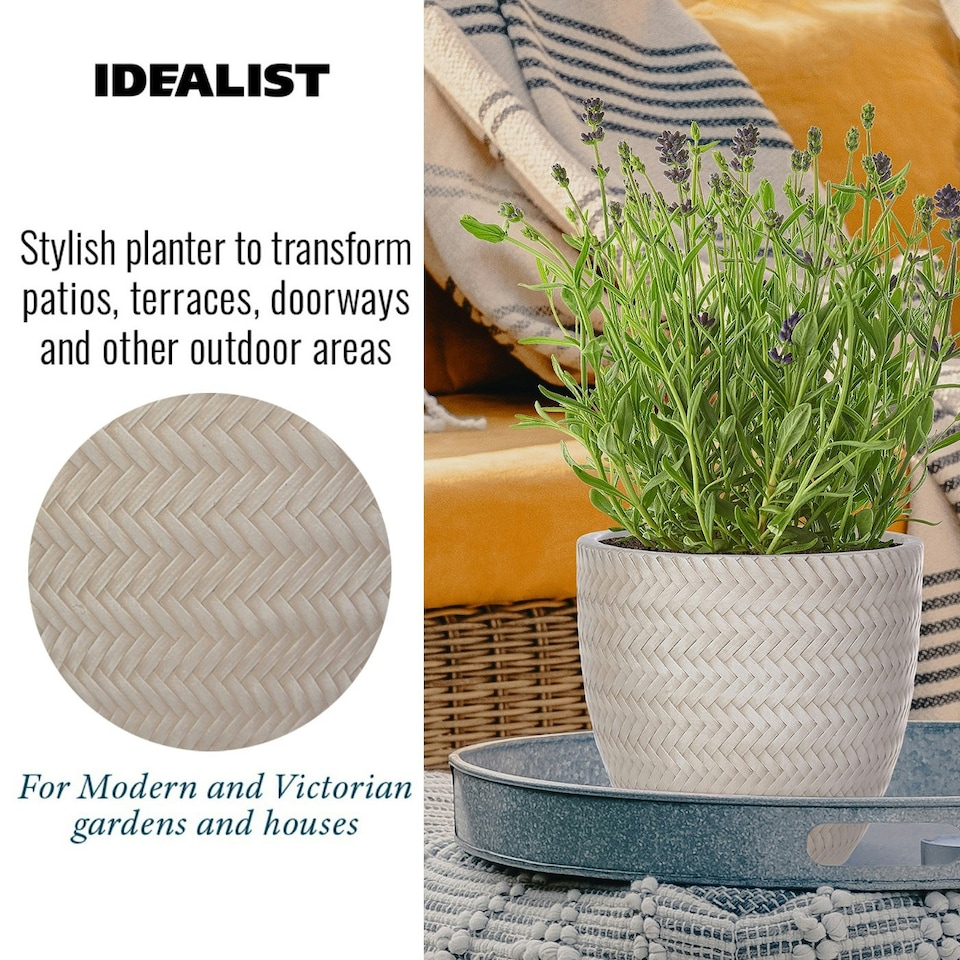 image 1 of Plaited Style Beige Round Garden Planter, Outdoor Plant Pot D24 H23 cm, 10.4 ltrs Cap.