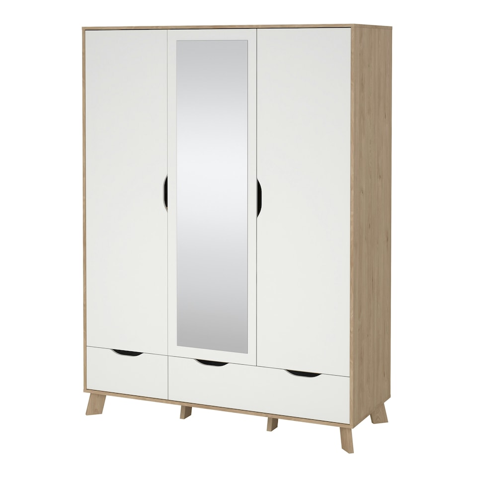 image 1 of Ikast Wardrobe 3 Doors and 2 Drawers with Mirror in Jackson Hickory and White