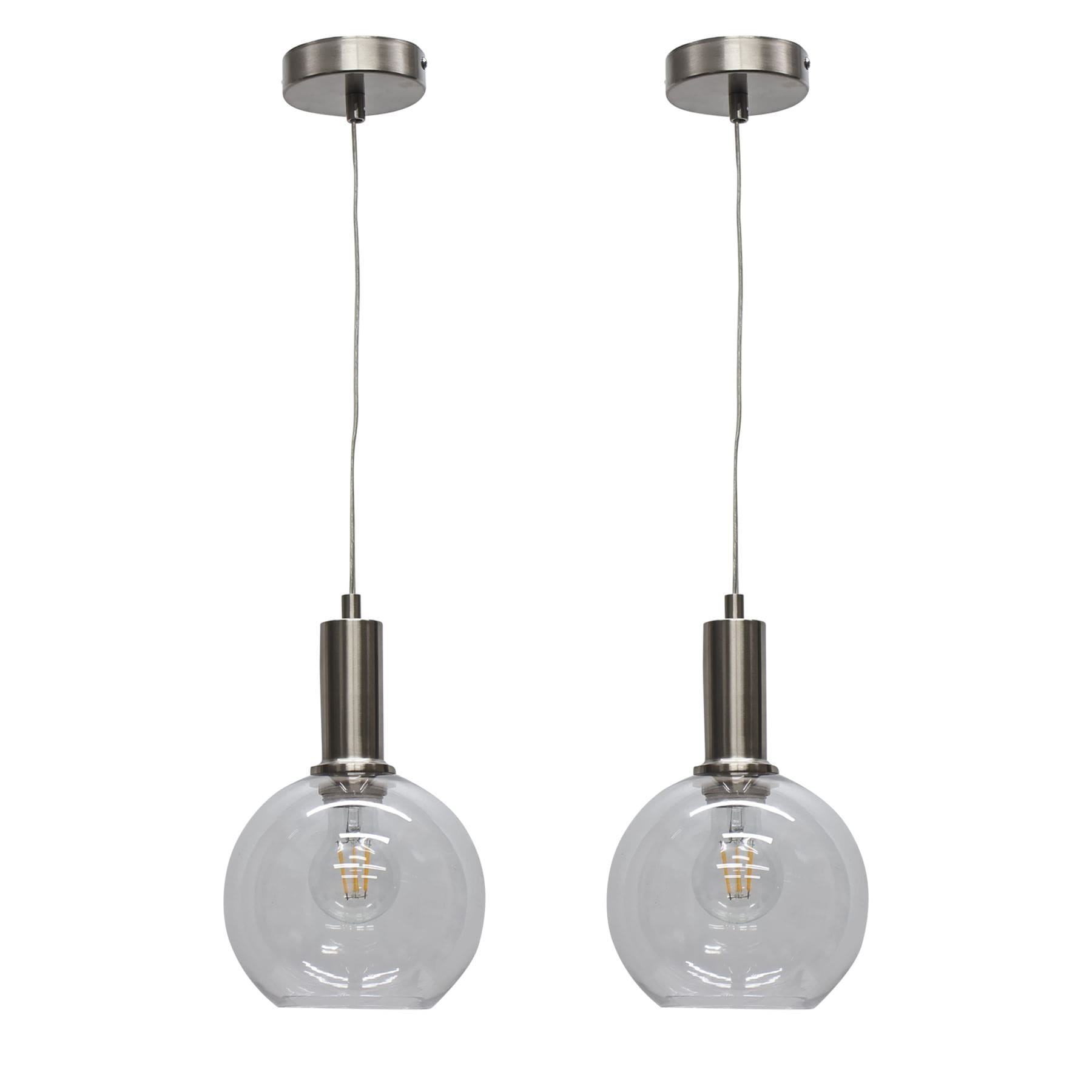First Choice Lighting Set of 2 Barnum - Clear Glass Globe Satin Nickel Deco Pendant Fittings
