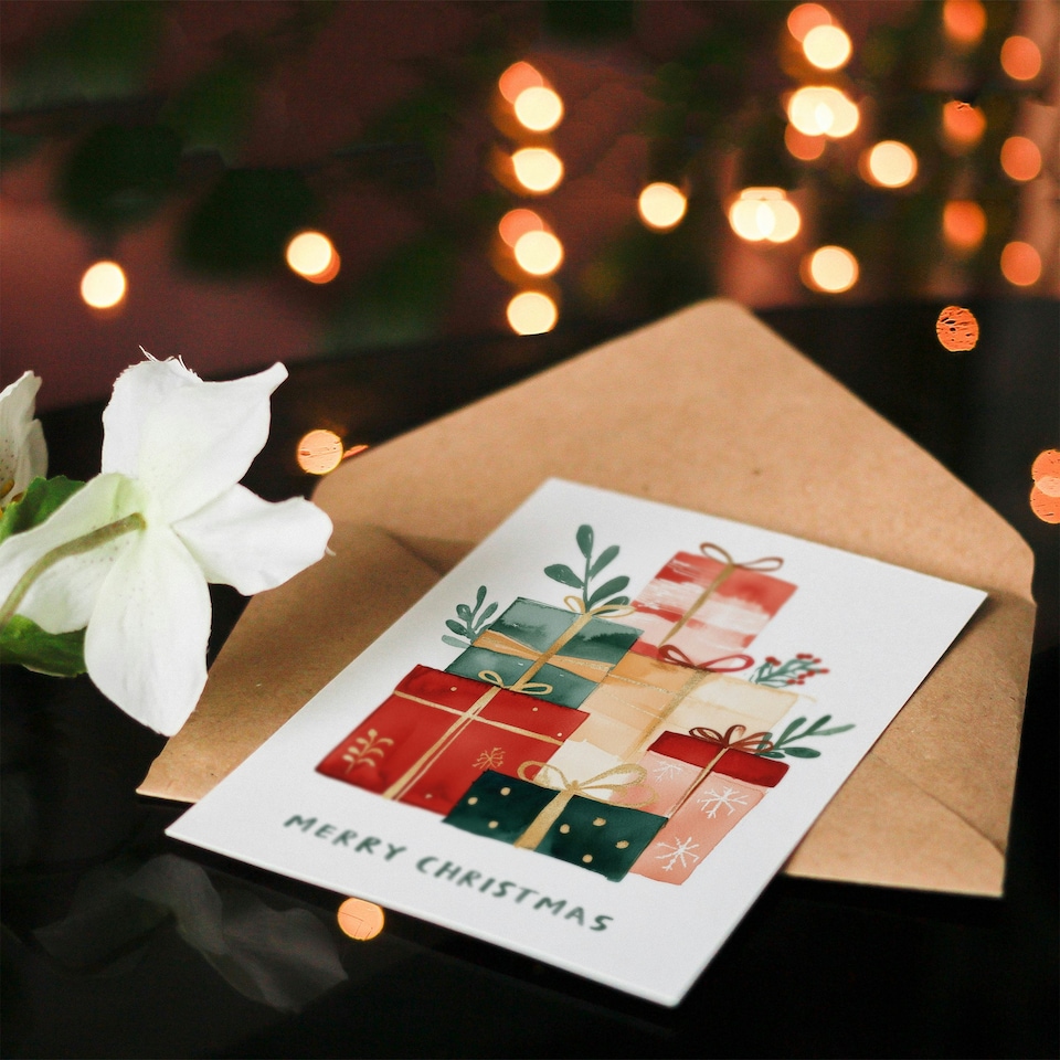 image 1 of Presents Gifts Stack Red Green Pink Blank For Him Or Her Art Xmas Festive Christmas Card