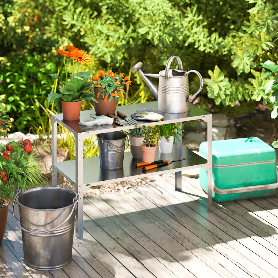 image 1 of Outsunny 2 Tier Potting Bench Table, Galvanised Work Bench, Silver Tone