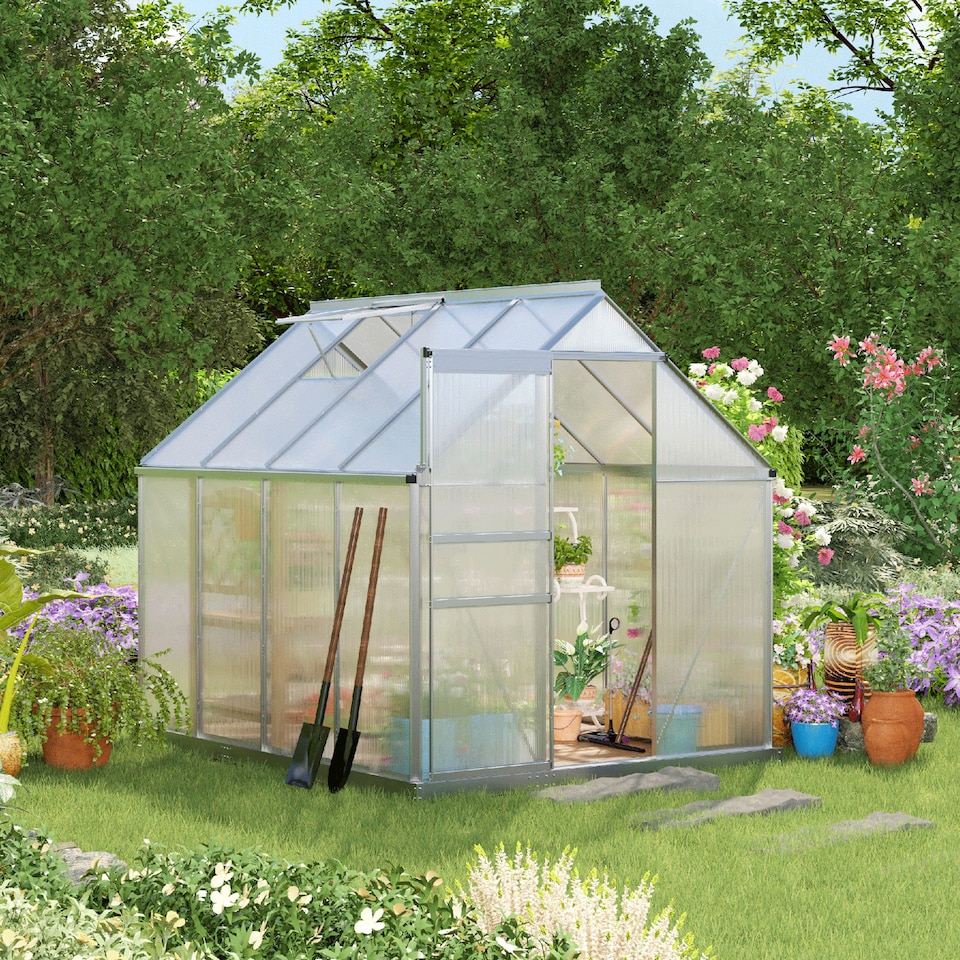 image 1 of Outsunny Polycarbonate Walk-in Garden Greenhouse w/ Sliding Door Silver Tone | Silver | 1