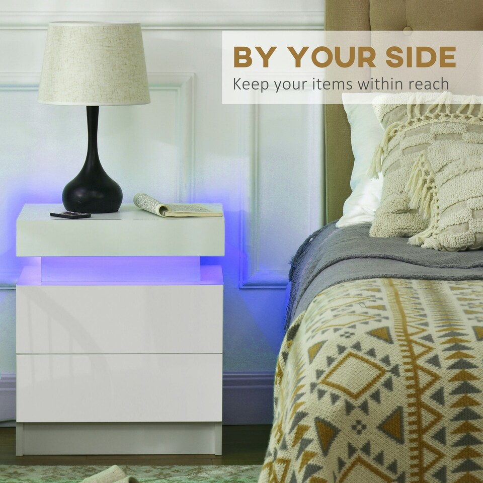 image 1 of HOMCOM High Gloss Bedside Table with LED Light and 2 Drawers, White