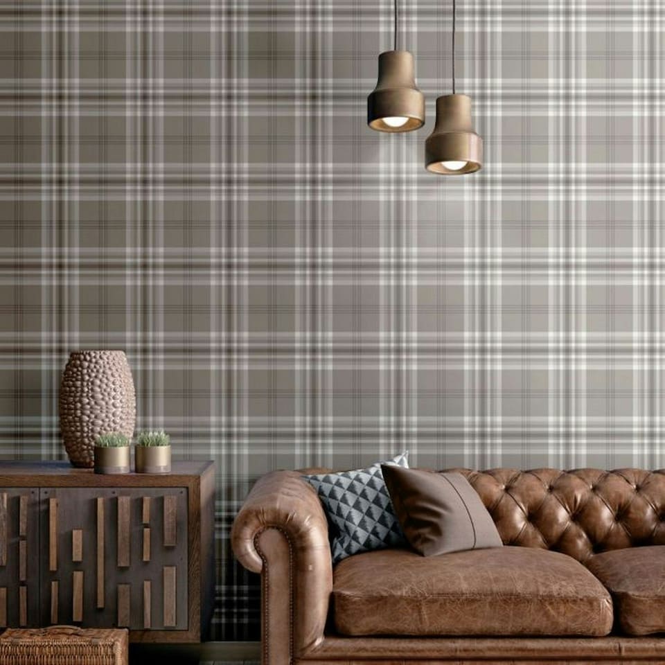 image 1 of Muriva Catherine Lansfield Kelso Checked Wallpaper - Mushroom - 10m x 53cm Brown