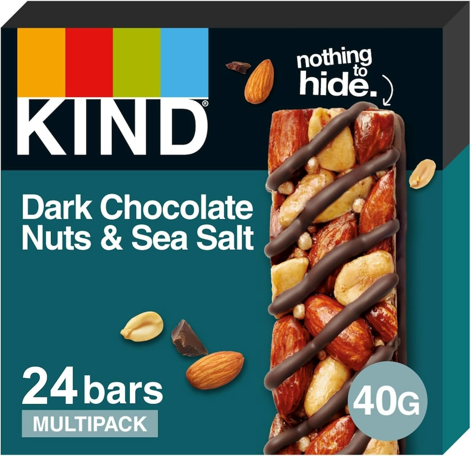 image 1 of KIND Bars, Gluten Free Snack Bars, Dark Chocolate Nuts & Sea Salt, High Fibre, No Artificial Colours, Flavours or Preservatives, Multipack 24 x 40g | Blue