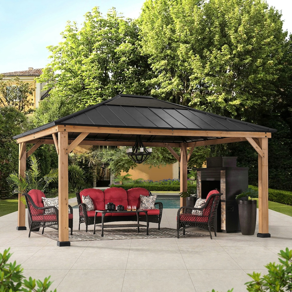 image 1 of Sunjoy 3.93m x 4.52m Cedar Wooden Gazebo ERNIR, Anthracite