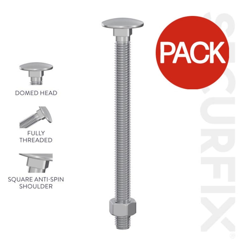 Securfix Zinc Plated Carriage Bolt (Pack of 200) - Silver - 40mm x 6mm
