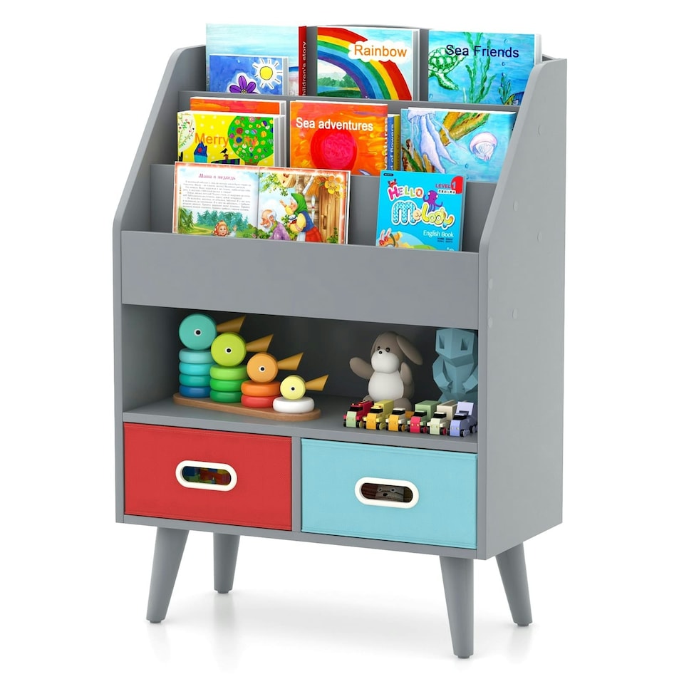 image 1 of COSTWAY Kids Bookshelf Wooden Display Rack 3-Tier Grey | Grey