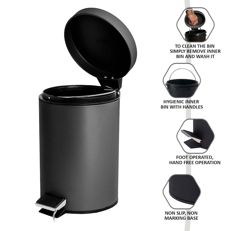 image 1 of Small Stainless Steel 3 Ltr Pedal Bin Kitchen Bathroom Toilet Rubbish, Black