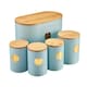 image 1 of Cooks Professional 5 Piece Ribbed Tea, Coffee, Sugar, Biscuit & Bread Cannisters with Bamboo Lids | Stainless Steel Kitchen Storage Bins | Blue & Gold