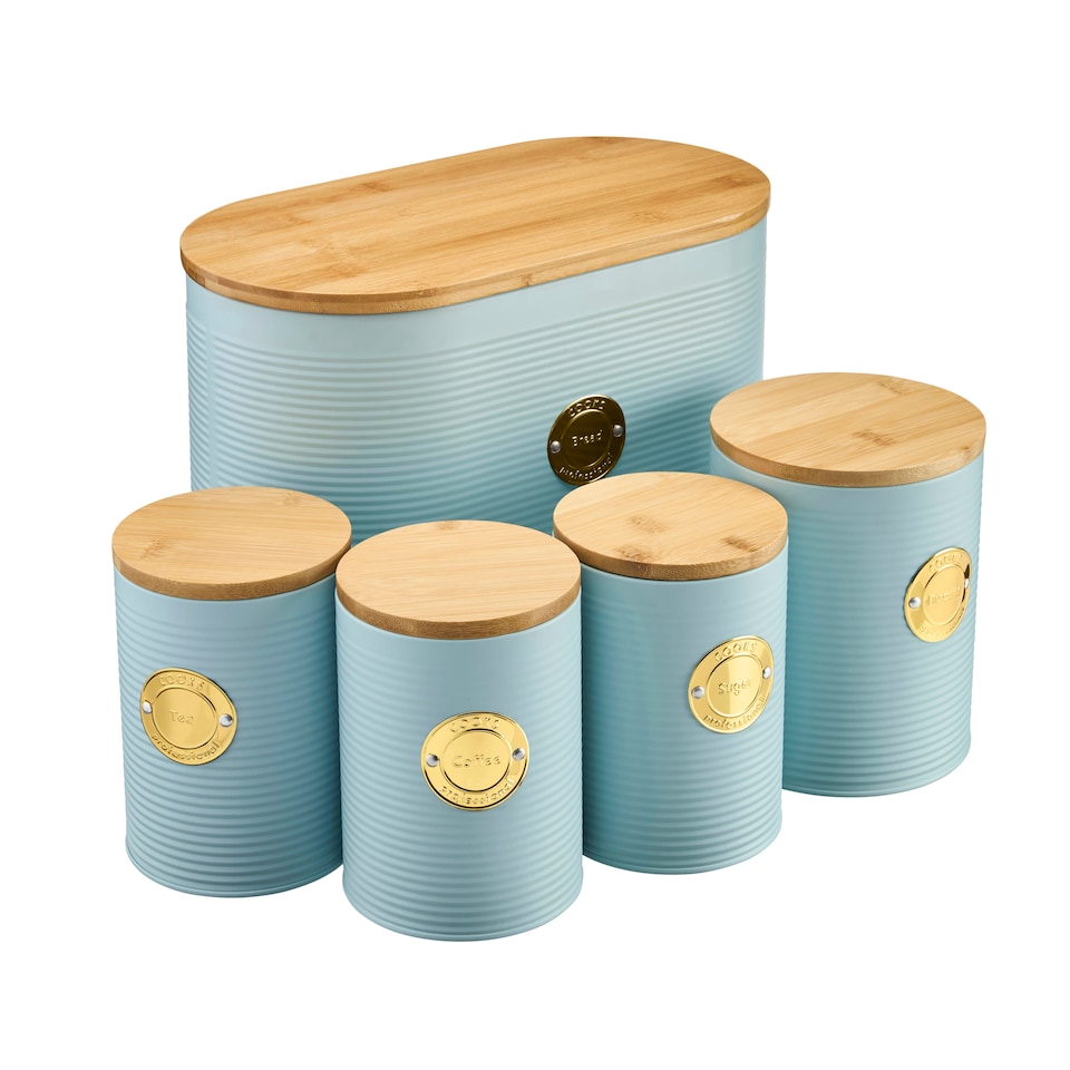 image 1 of Cooks Professional 5 Piece Ribbed Tea, Coffee, Sugar, Biscuit & Bread Cannisters with Bamboo Lids | Stainless Steel Kitchen Storage Bins | Blue & Gold