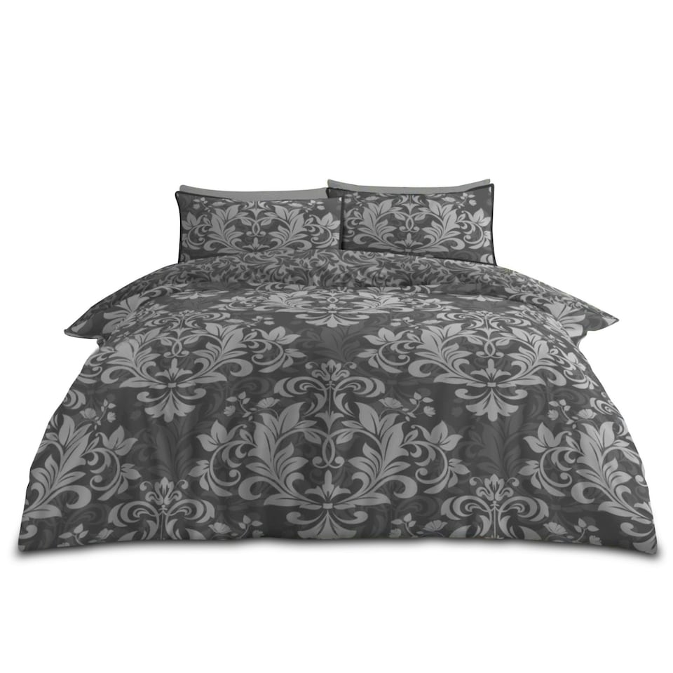 image 1 of VELVETIO Ananias Damask Complete Duvet Cover Set with Fitted Sheet Printed Bedding Quilt Grey | Double