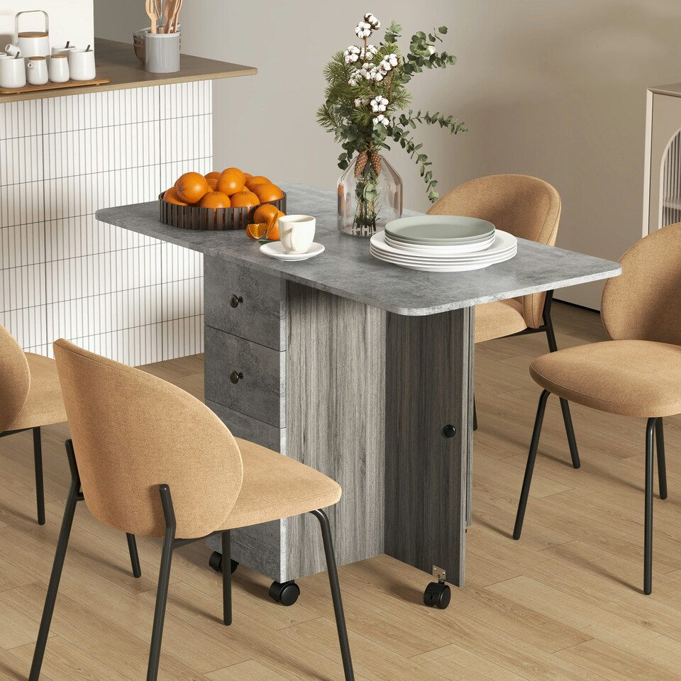 image 1 of HOMCOM Folding Dining Table, Drop Leaf Table With Storage Drawers Grey Marble