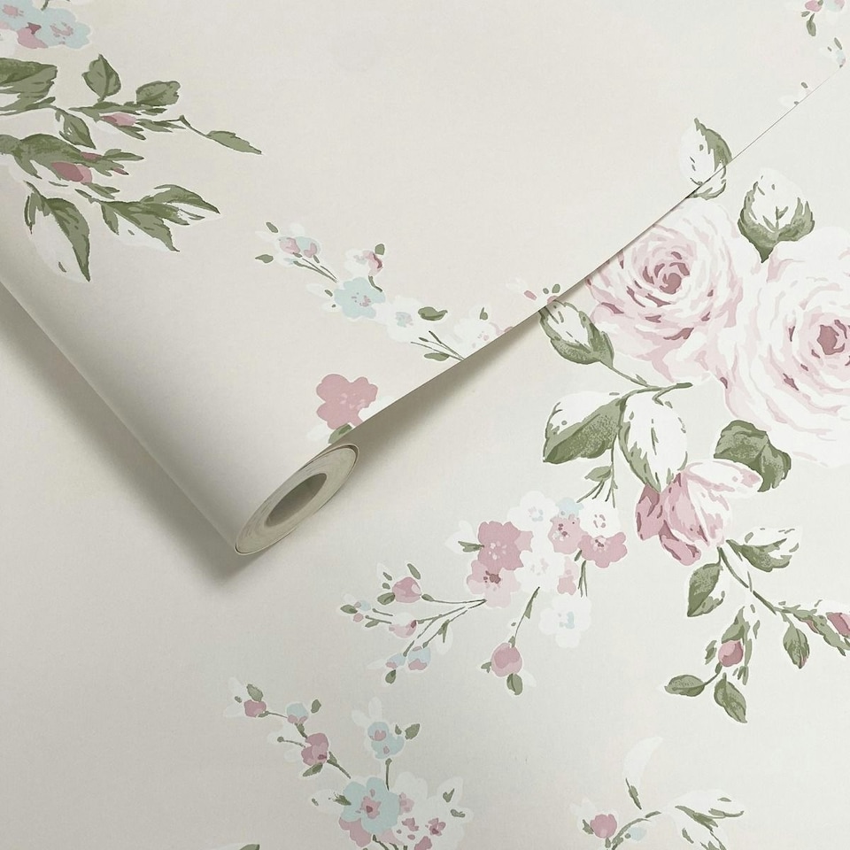 image 1 of Muriva Catherine Lansfield Canterbury Floral Wallpaper - Cream/Pink - 10m x 53cm | Cream