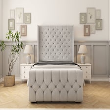Sloomy Luthor Silver Plush Bed Frame With Mattress With 50" Upholstered Wingback Headboard 4'6 Double