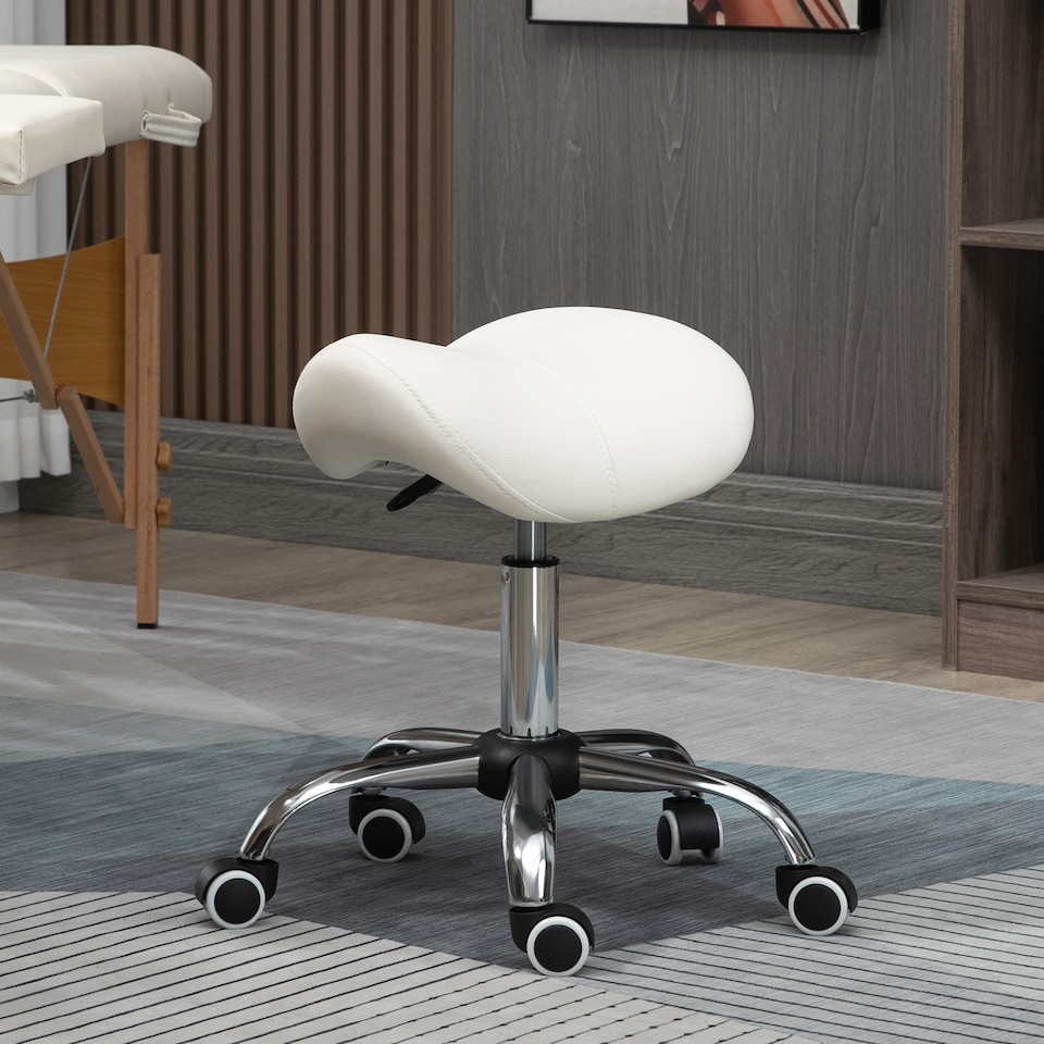 image 1 of HOMCOM Cosmetic Stool 360 Rotate Height Adjustable Salon Massage Spa Chair Hydraulic Rolling Faux Leather Saddle Stool Mobility, Cream