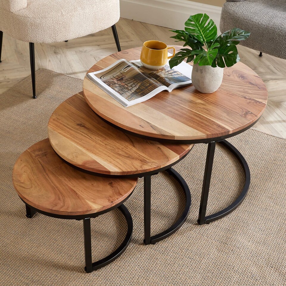 image 1 of Nest 3 Tables Solid Acacia Wooden Top Home Compact Furniture Design Living Room