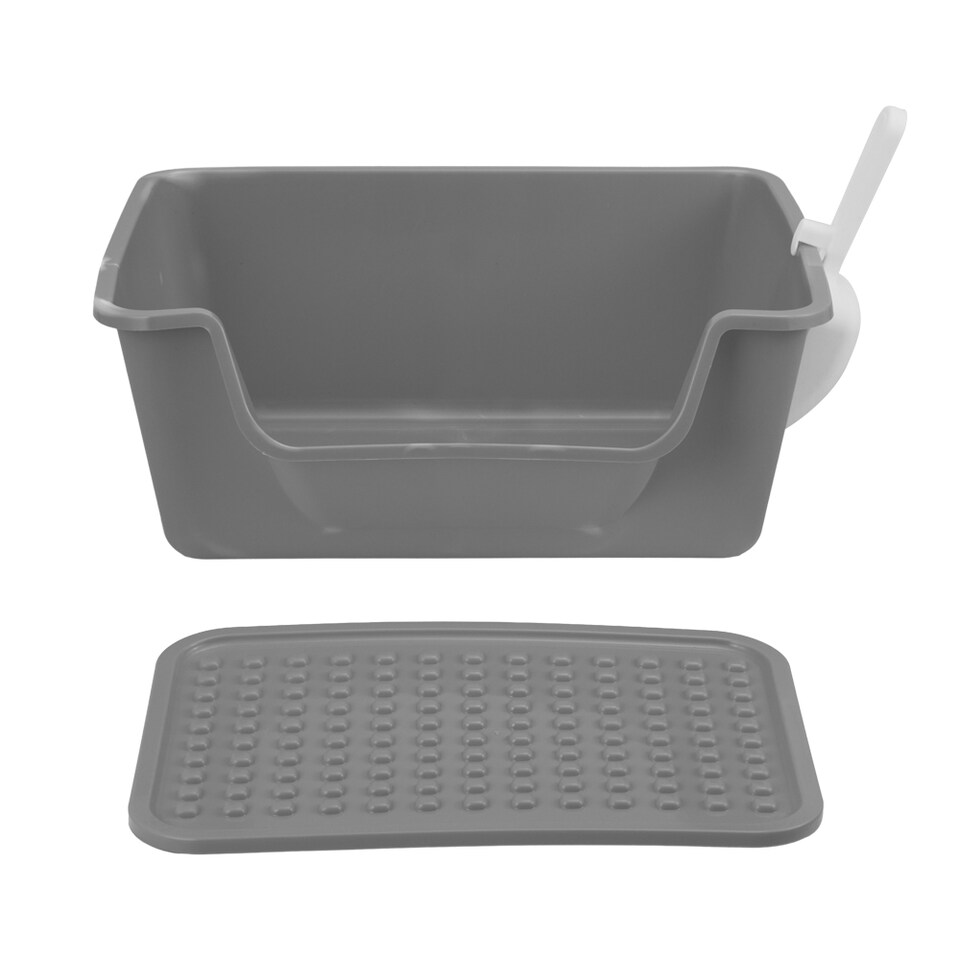 image 1 of Living and Home Open Top Cat Litter Box with Cat Litter Mat | Grey
