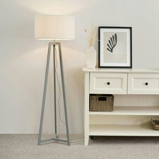 ValueLights Lottie Grey Wood Tripod Floor Lamp with Cream Boucle Drum Shade and LED Bulb