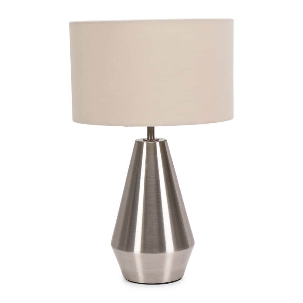 ValueLights Jax Brushed Chrome Dimmable Touch Table Lamp with Fabric Drum Shade & LED Bulb in Nude