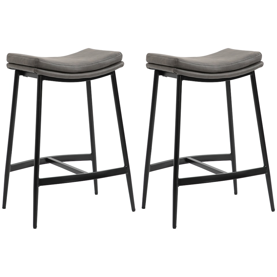 image 1 of HOMCOM Breakfast Bar Stools Set of 2, Microfibre Upholstered Barstools, Industrial Bar Chairs with Curved Seat and Steel Frame for Dining Room, Kitchen, Grey