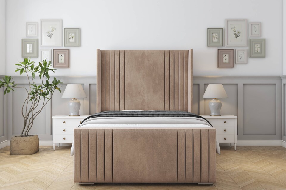 image 1 of Sloomy Camden Mink Naples Bed Frame With Mattress With 50"  Upholstered Wingback Headboard 2'6 Small Single