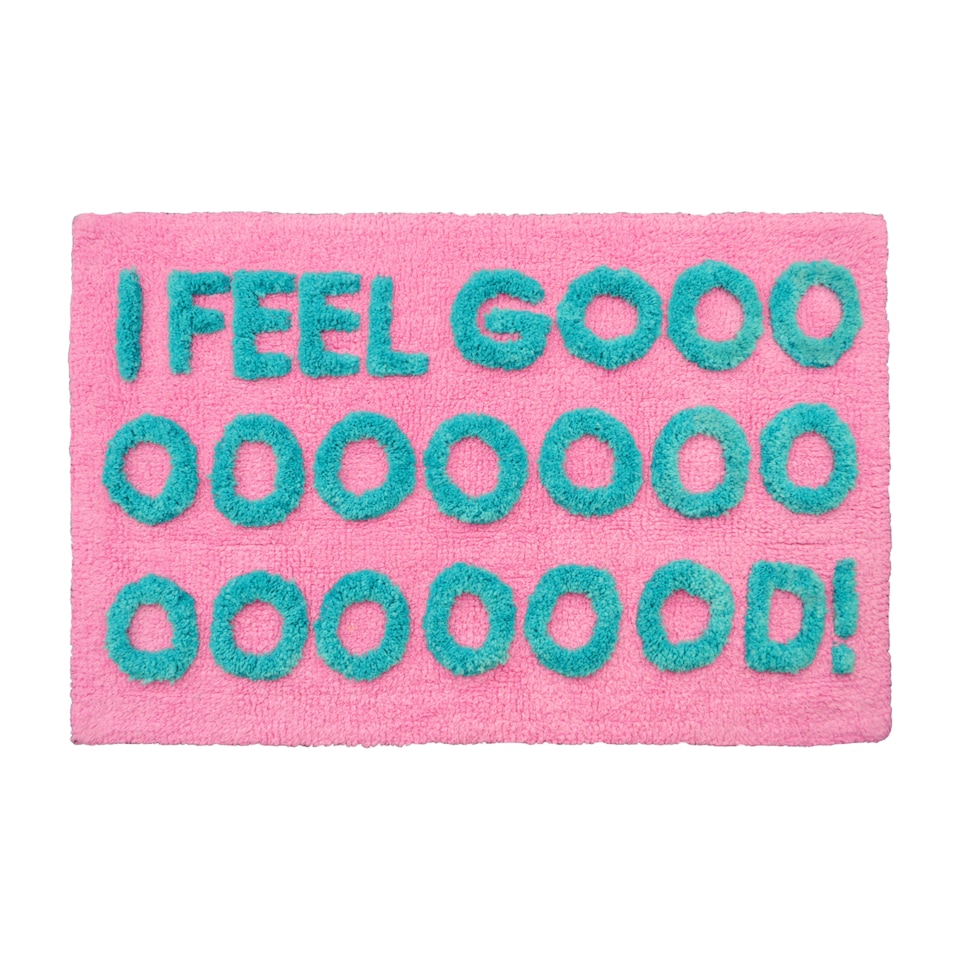 image 1 of I Feel Good Slogan Bath Mat Non Slip, Colourful Tufted Rug | Pink | Pink/Turquoise | 50 x 80cm (20 x 32") | 1
