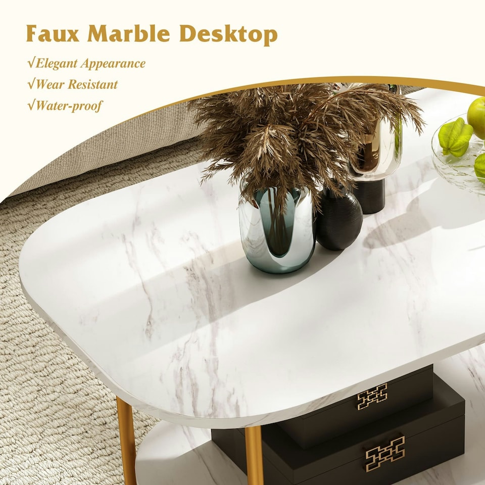 image 1 of COSTWAY Faux Marble Top Coffee Table 2-tier Tea Table White