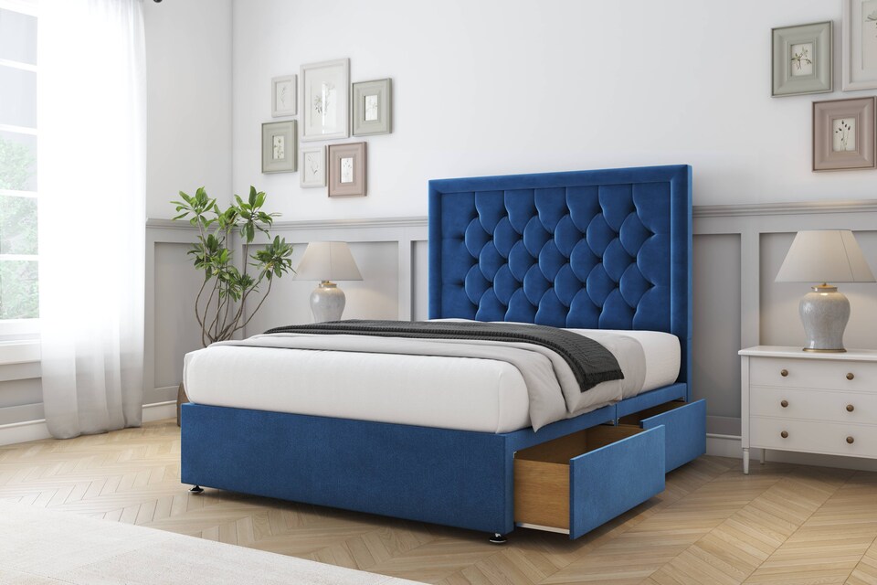image 1 of Sloomy Montana Navy Plush Divan Bed With Mattress No Drawers With 26" Strutted Headboard 4' Small Double | Blue | Navy | Small Double | 1