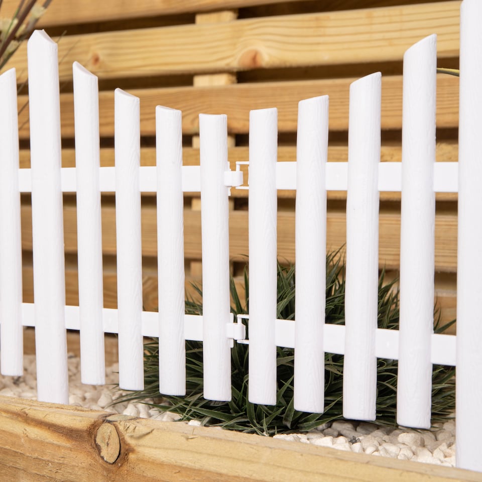 image 1 of 33cm 4 Piece Set White Wood Effect Picket Fence Garden Edging | White | White | 4